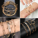 17IF 25 PCS(6 Pack) Dainty Boho Gold Chain Bracelets Set for Women Stackable Chunky Multipack Layered Bangles Adjustable Flat Cuff Cuban Punk Charm Bracelet Bundle Jewelry