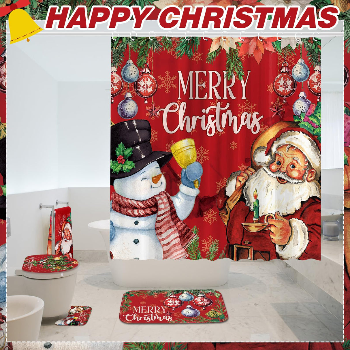 FuWeave 8 Pcs Christmas Shower Curtain Set Xmas Santa Bathroom Decoration Christmas Tree Hand Towels Snowman Toilet Lid Cover Bathroom Rugs Xmas Shower Curtain with Hooks(Snowman Style)
