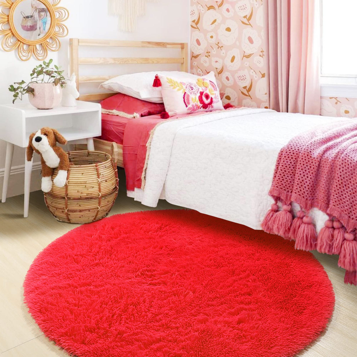 ONASAR Red Round Area Rug 4x4, Soft Bedroom Circle Rugs Floor Mat for Kids Girls Teen Room, Kawaii Fluffy Plush Shaggy Carpet for Nursery Living Room Playroom Christmas Home Decor Princess Castle