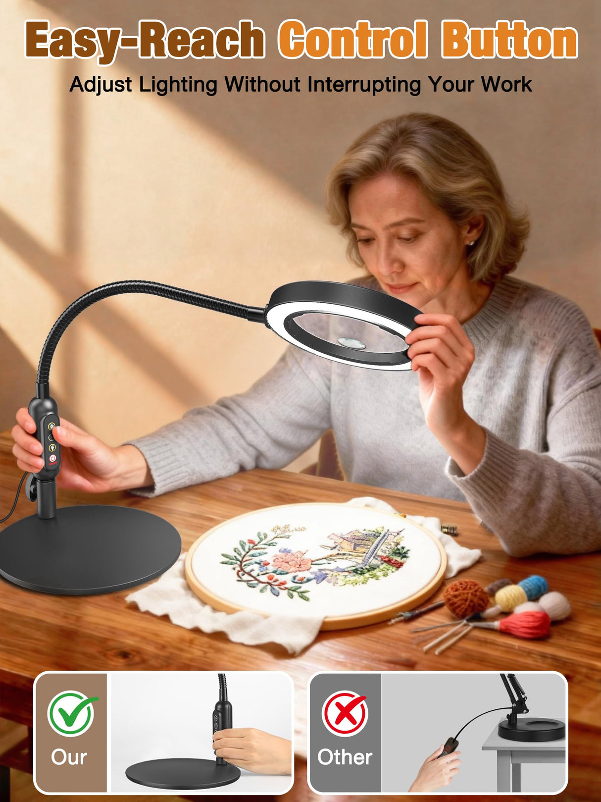 30X 10X Magnifying Glass with Light and Stand, 5 Color Modes Stepless Dimmable, Optical Grade HD Lens, LED Lighted Magnifier Hands Free with Flexible Gooseneck for Close Work, Craft, Hobby, Painting