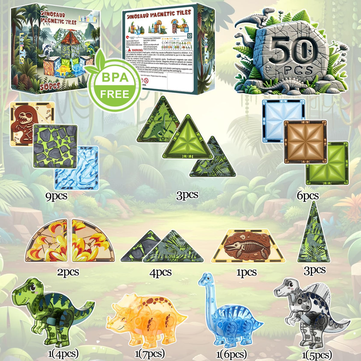 Little Pi Dinosaur Toys Magnetic Tiles, Building Blocks for Kids Ages 3+
