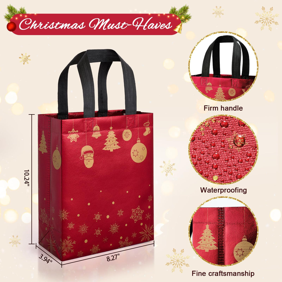 STYPOP 16 Pack 10" Christmas Gift Bags Medium Size with Tissue Paper, Reusable Non-Woven Christmas Tote Bags with Handles, Perfect for Holiday Gift Wrap/Party Favor Supplies, 10.2" × 8.3" × 4"