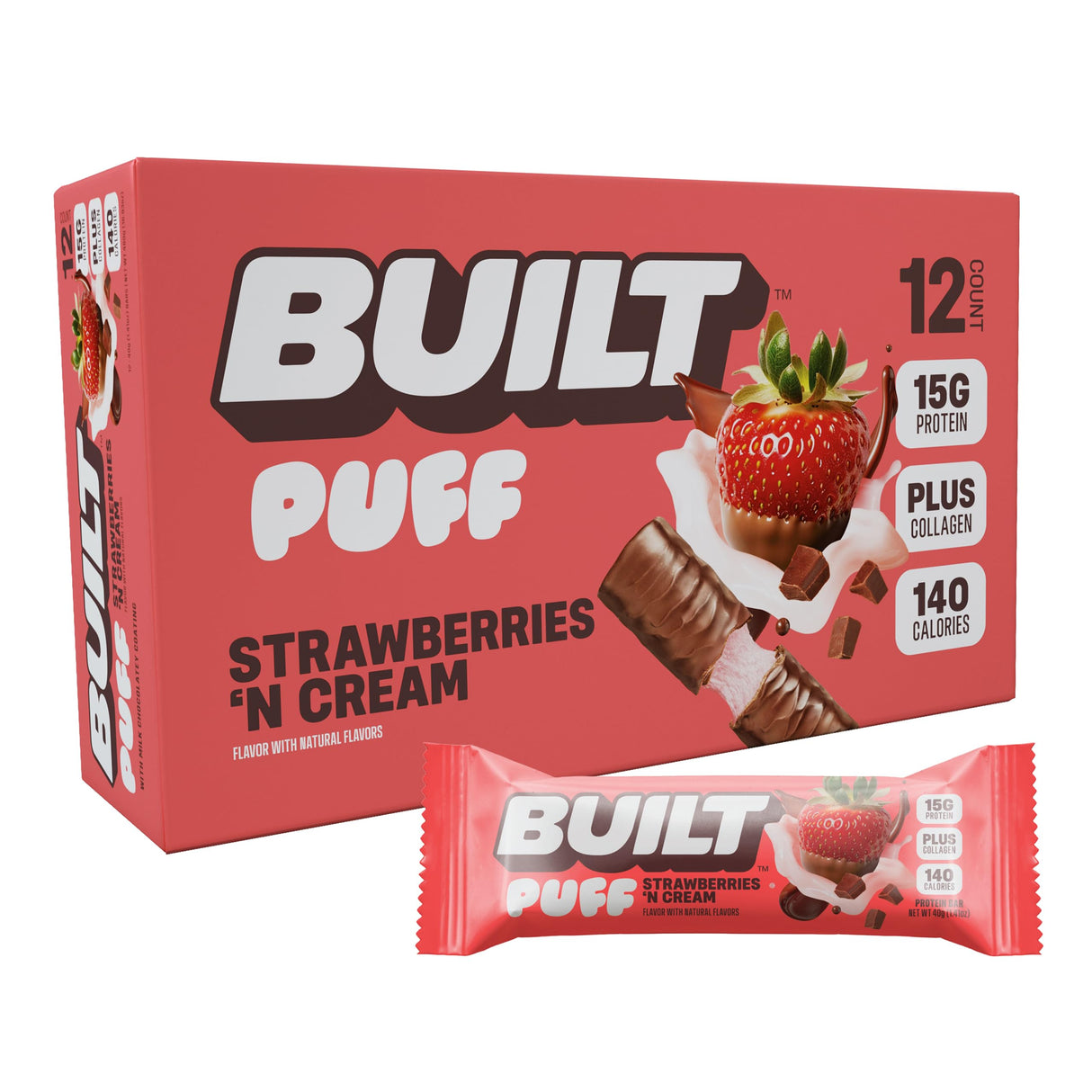 Built Bar, Puff Protein Bars, Strawberries 'N Cream Puff, 15g Protein Snacks, On-The-Go Bars, Only 140 Calories, 8g Sugar, Collagen, Gluten Free, 12 Count