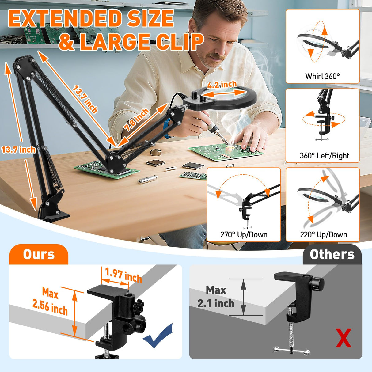 KIRKAS 12X Magnifying Glass with Light and Stand, Extra-Long Arm Magnifying Lamp Overhead Knob for Workbench Craft, Sewing, LED Lighted Magnifier Real Glass Lens Stepless Dimming and Color(35in Clamp)