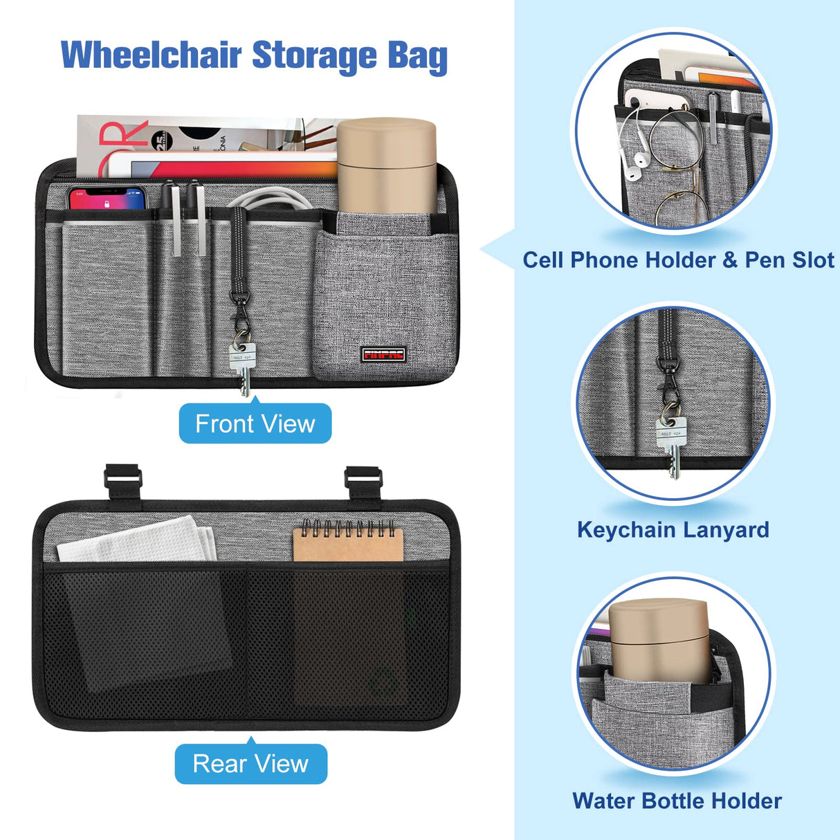 FINPAC Wheelchair Side Storage Bag w/Cup Holder, Wheelchair Armrest Accessories Pouch with Pen Slot and Reflective Strips for Power Walkers, Rollators, Seniors - Gray