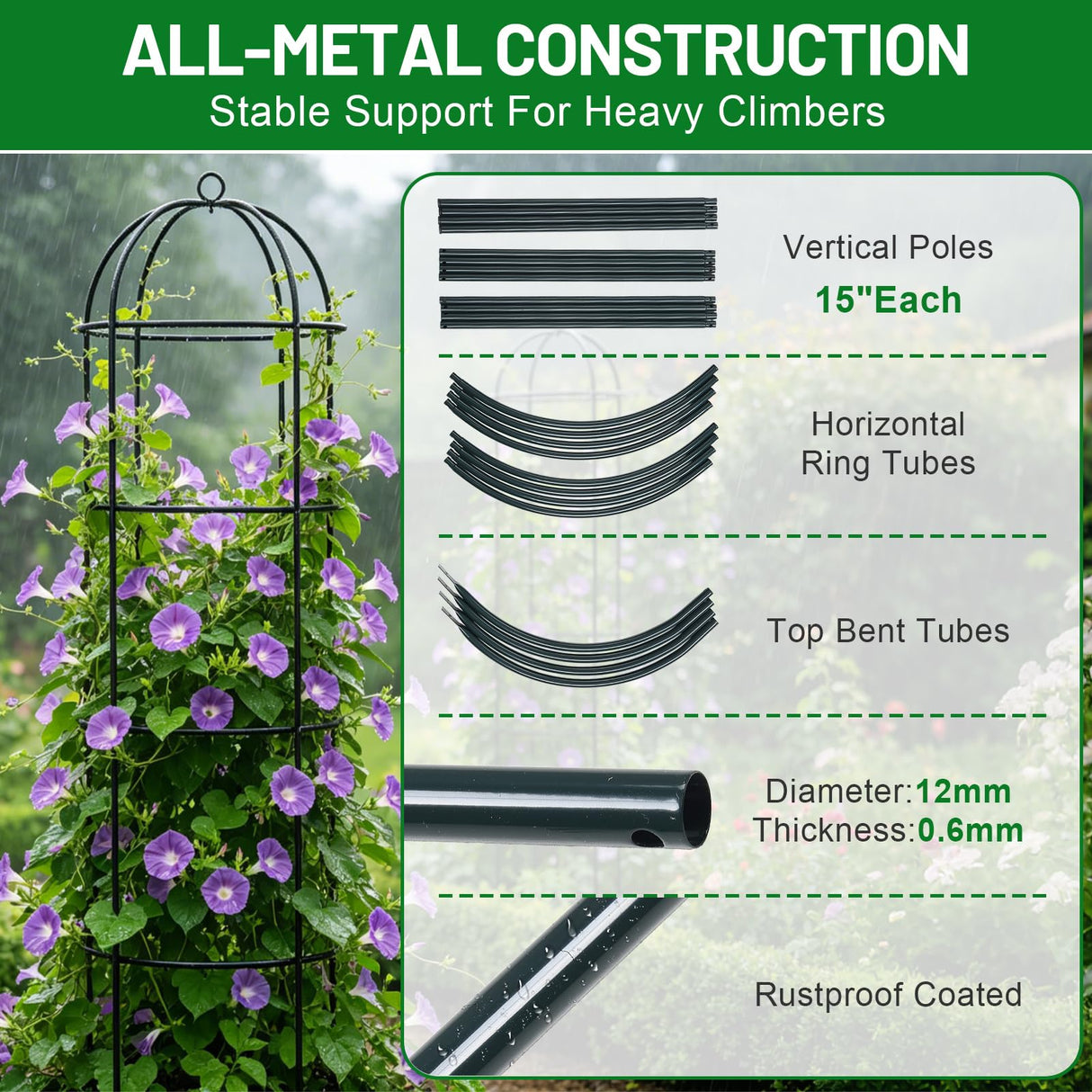 Trellis for Climbing Plants Outdoor, 60" Tall, 21" Dia, Heavy Duty Metal Garden Trellis Tower Potted Cages for Flowers Fruits Vegetable Cucumber Tomato Rose Clematis Pea Bean Raised Bed Trellises