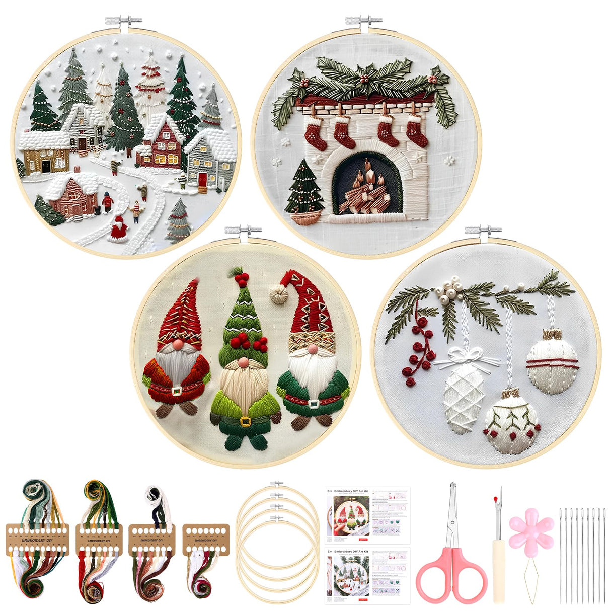 Christmas Embroidery Kit for Adults & Beginners - Gnomes & Cross Stitch Patterns, Cotton, Threads, Needles & Instructions (4 Pcs)