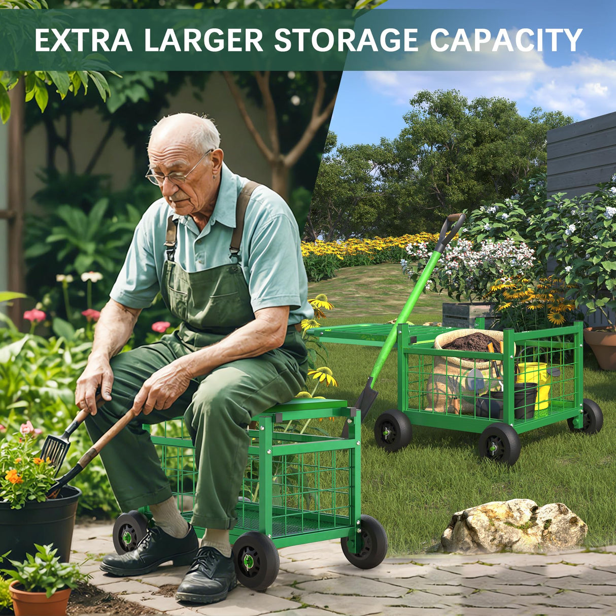Garden Cart with Seat,3-in-1 Rolling Seat with Wheels for Seniors Gardening