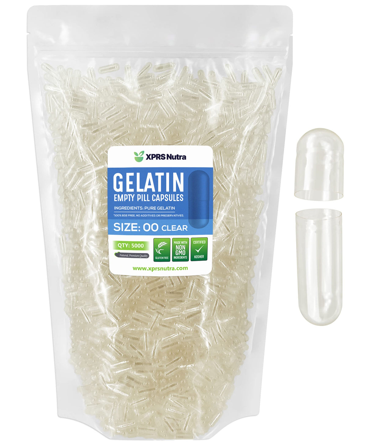 XPRS Nutra Size 00 Empty Capsules - 5000 Count Clear Empty Gelatin Capsules - Pills DIY Capsule Filling - Fillable Pill Gel Caps for Do It Yourself Supplements