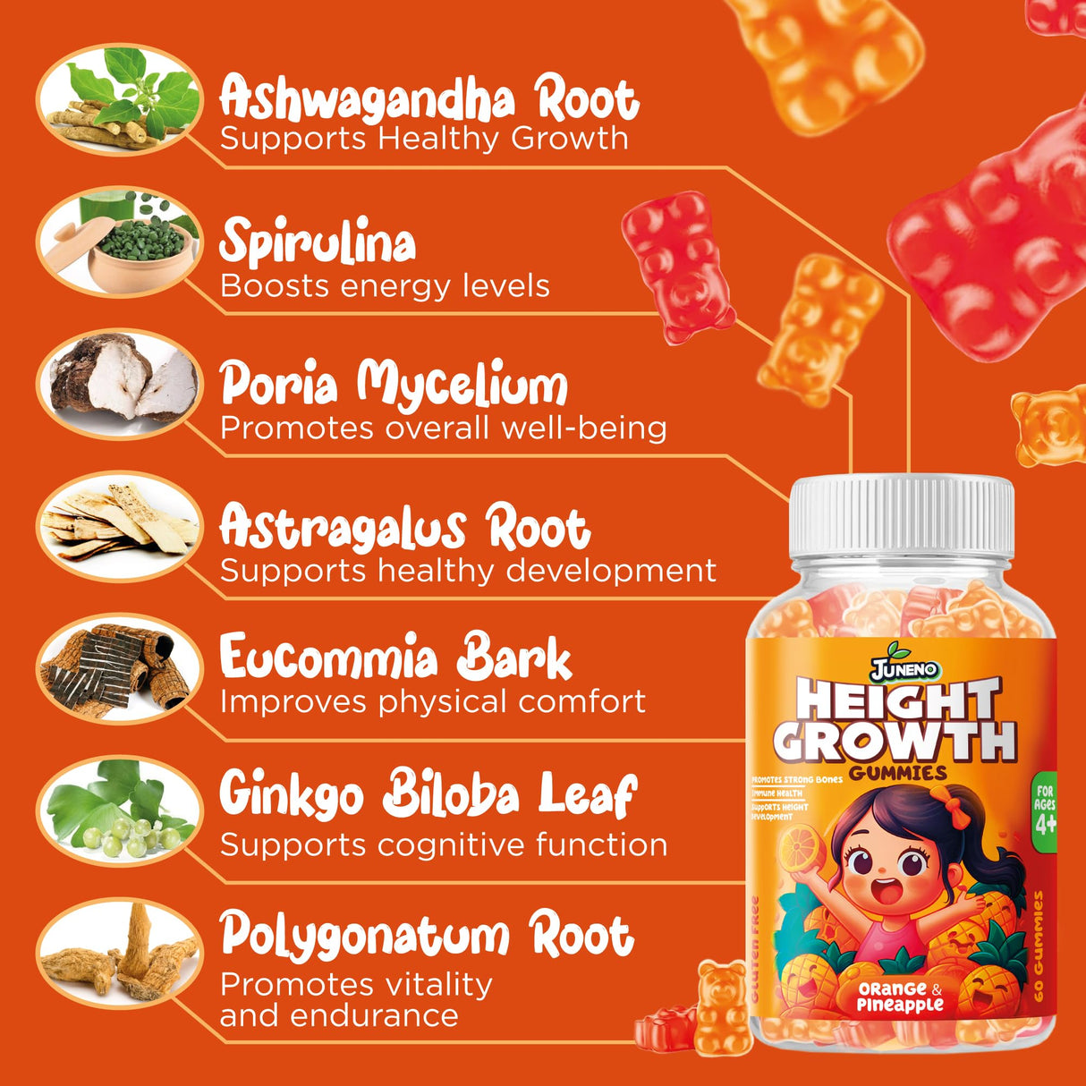 Juneno Height Growth Vitamins Supplement Gummies - Grow Taller for Teens Kids Boys Girls - Natural Height Increaser Maximizer Multivitamin