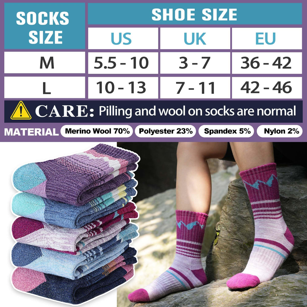 Sandsuced Womens Merino Wool Hiking Socks Thermal Winter Warm Cozy Outdoor Crew Socks 5 Pairs Gift Stocking Stuffers(Purple/Blue/Dark Blue/Rose Pink/Light Blue，M)