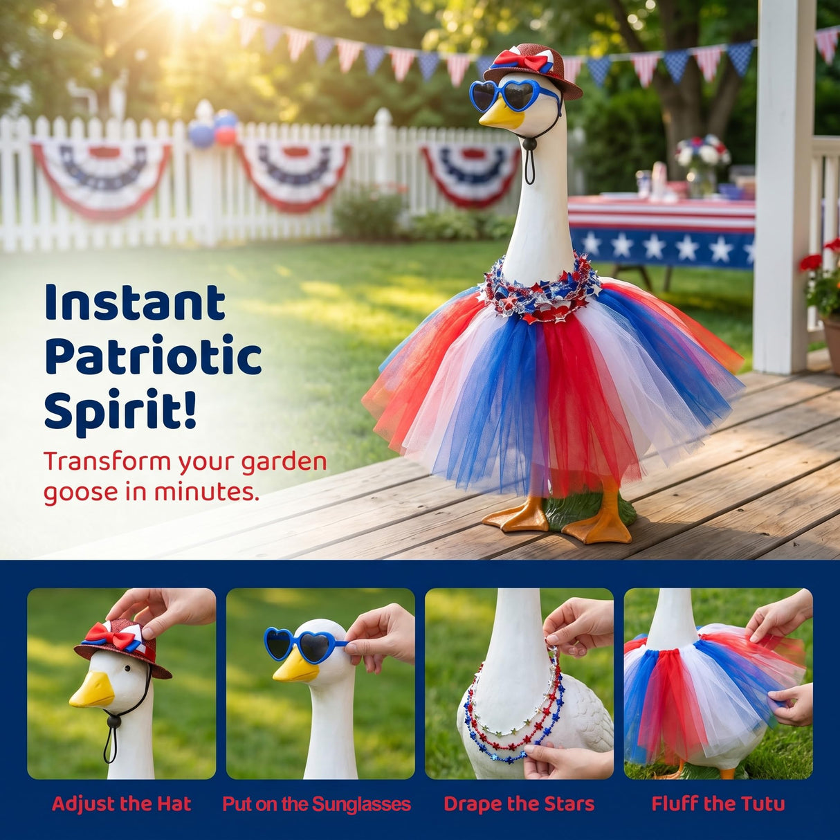 STONESTAR 6 pcs Patriotic 4th of July Porch Goose Outfits for 23" H Lawn Statue, Goose Clothes Costume with Hat Necklace Tutu Skirt for Independence Day & Memorial Day Outdoor Garden Yard Decoration