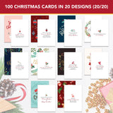 Decorably 100 Pack Foiled and Glittery 6x4in Christmas Cards with Envelopes Bulk and Stickers, 20 Festive Designs Bulk Christmas Cards with Envelopes, with Printed Message Inside