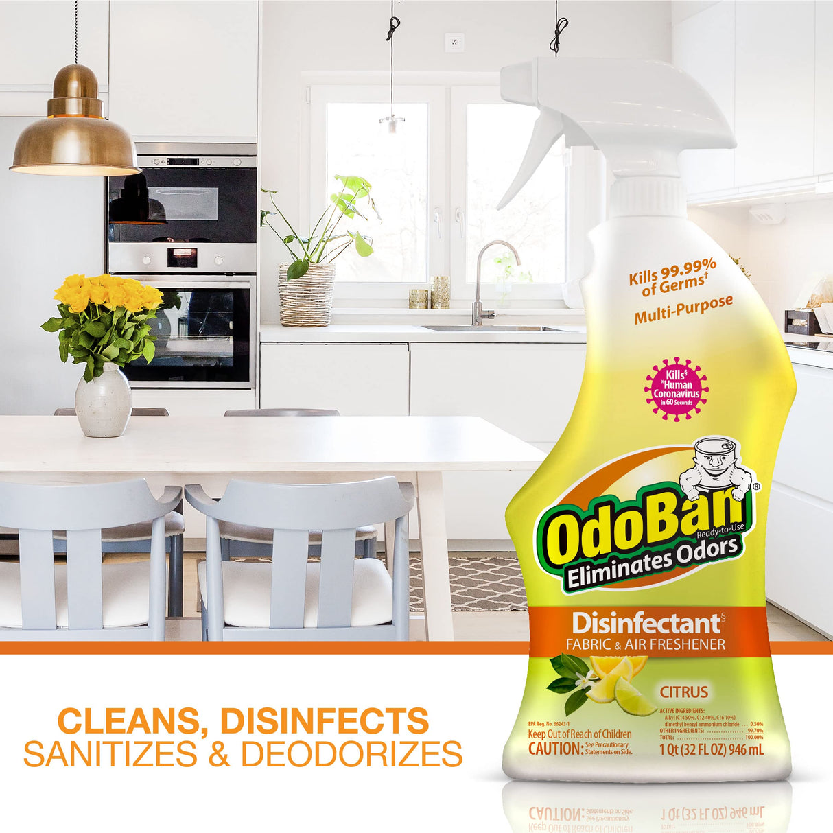 OdoBan Ready-to-Use Disinfectant and Odor Eliminator, Made in the USA, Citrus Scent, Set of 2, 32 oz Spray and 1 Gallon Concentrate