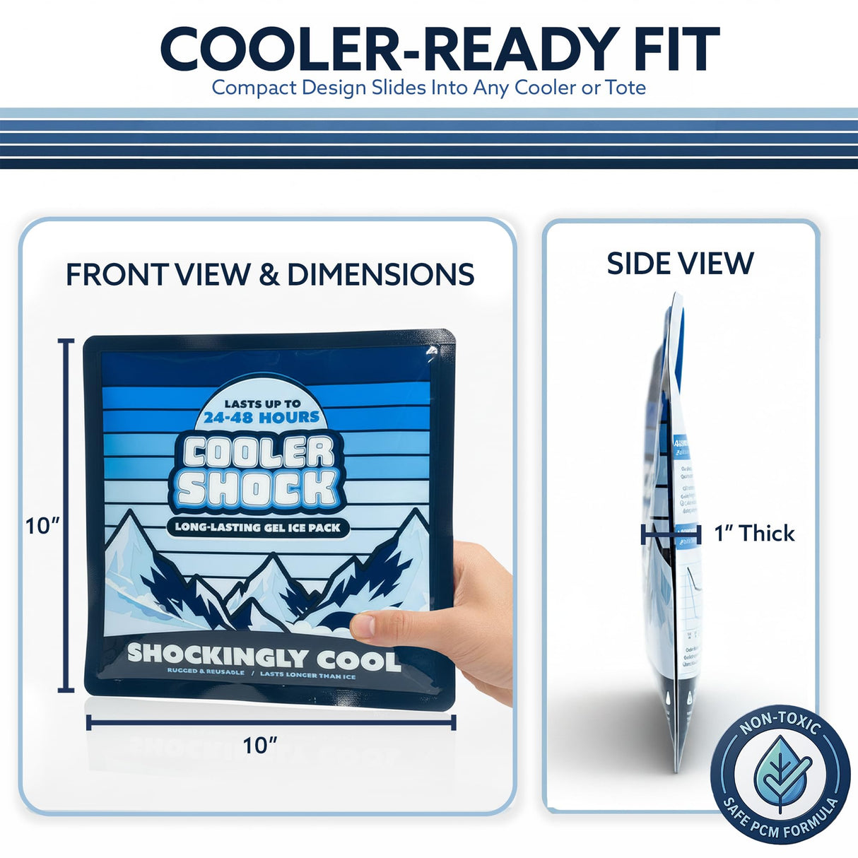 Cooler Shock Reusable Prefilled Ice Packs for Coolers & Lunch Boxes - 48 Hours Long Lasting Cold Freezer Packs for Lunchbox, Non-Toxic Gel Ice Pack for Camping, Lunch Bags, Road Trips, 2 Pack(10"x10")