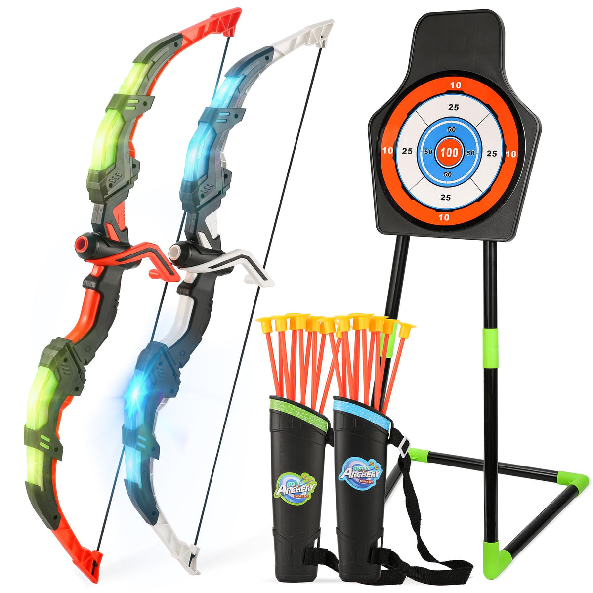 Bow and Arrow Set for Kids, 2-Pack LED Light Up Archery Set for Boys Girls