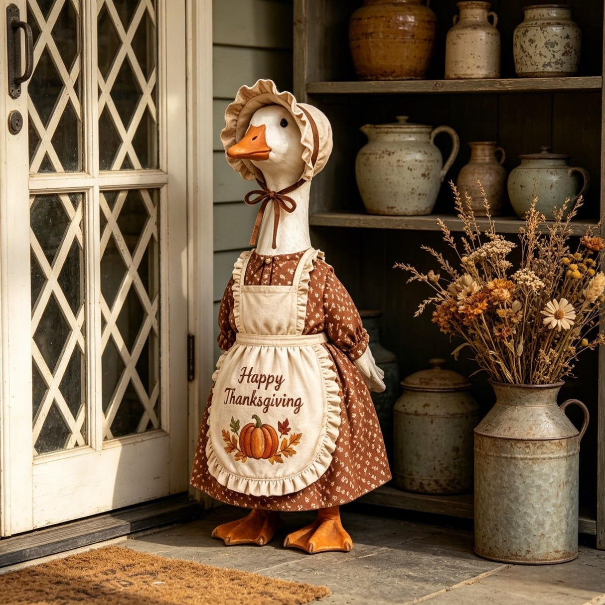 Thanksgiving Pilgrim Porch Goose Outfits Fits 23'' Lawn Goose Statue Fall Pumpkin Dress with ''Happy Thanksgiving'' Apron & Bonnet Costume for Autumn Yard, Patio Garden Decor (Brown, 23 inch)