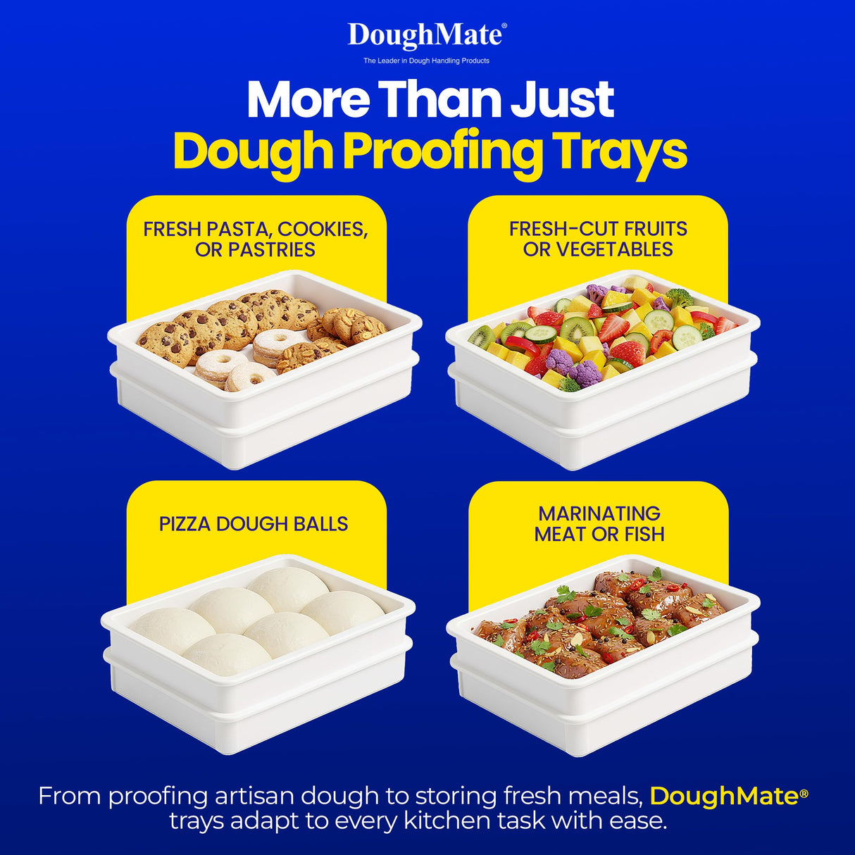 DoughMate® Artisan Kit – 2 Pizza Dough Proofing Trays, 1 Lid, and Dough Scraper – Food Contact Certified, Stackable, Made in USA