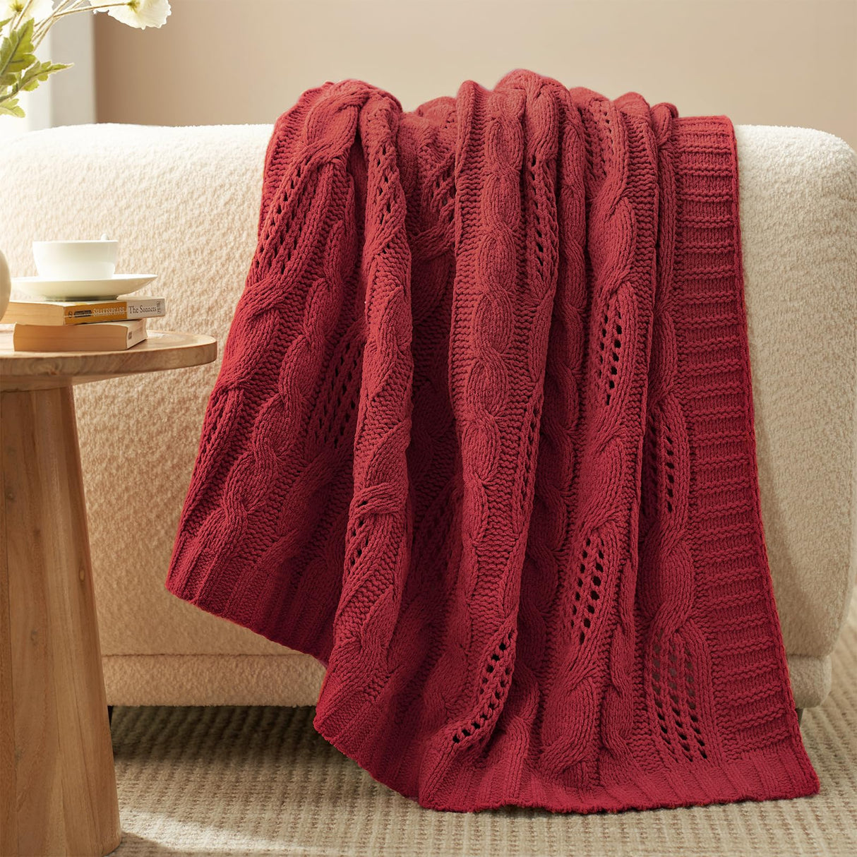 Amélie Home Chunky Knit Throw Blanket, Dual-Sided Soft Chenille Breathable Cable Knitted Blanket for Couch, Farmhouse Decorative Throw for Sofa & Chair, 50"x60", Christmas Red