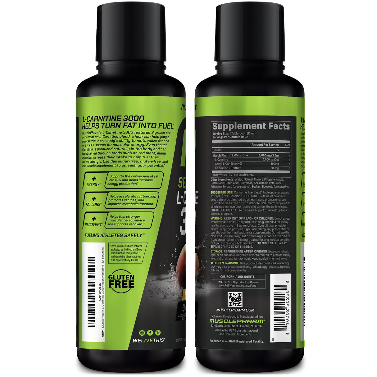 Muscle Pharm L-Carnitine 3000, The Ultimate Liquid L Carnitine Supplement for High-Performance, Supports Metabolism, Hydration & Energy, Zero Sugar/Calories, Peach Nectarine Flavor, 32 Servings