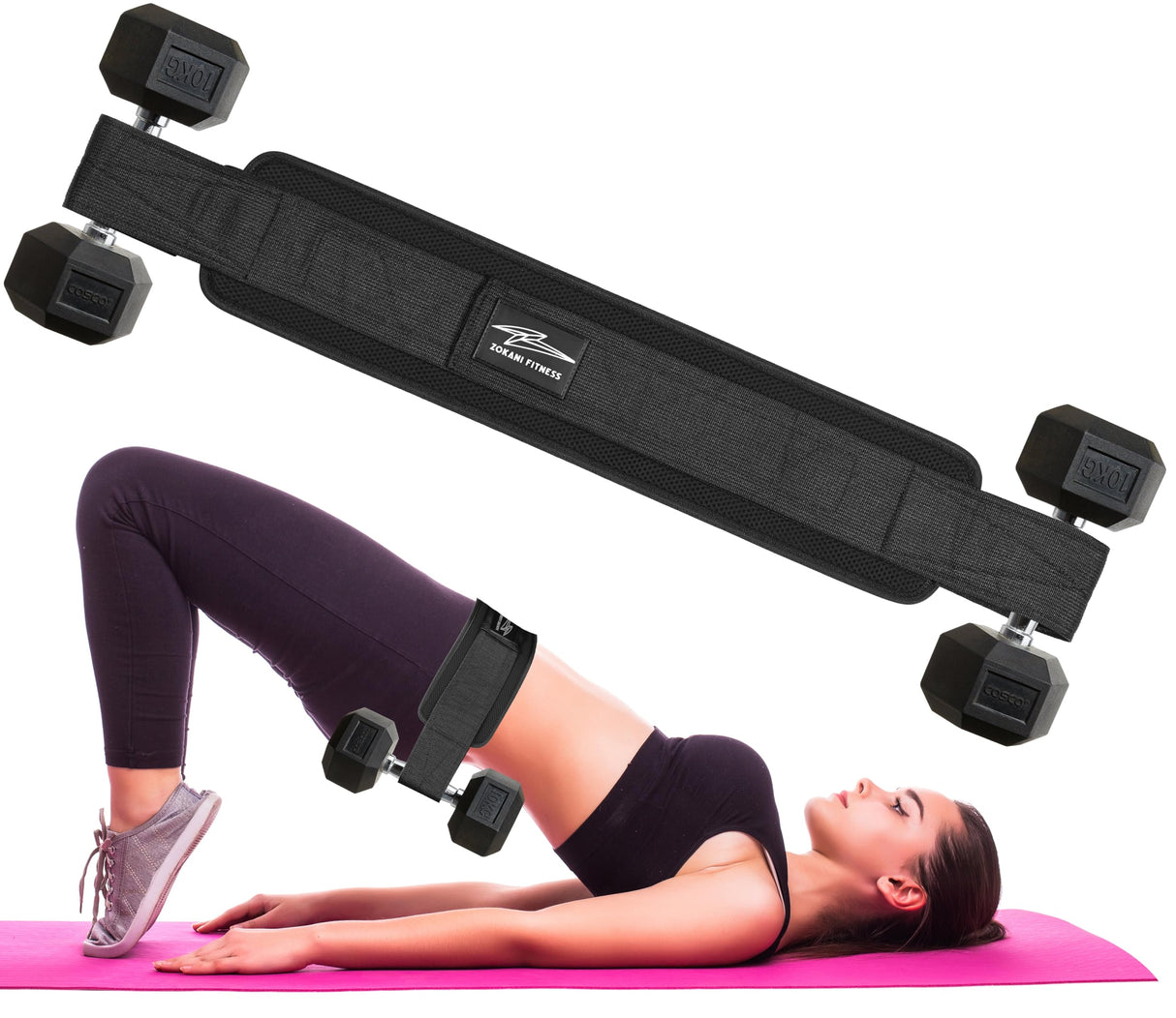 Zokani Fitness Hip Thrust Belt - Heavy duty, Comfortable, Adjustable Glute Trainer with Anti-Slip Pads. Ideal for Home Workouts with Dumbbells, Kettlebells, Plates. Extra Padding for Gym and Home Fitness hold up to 600 lbs - Black