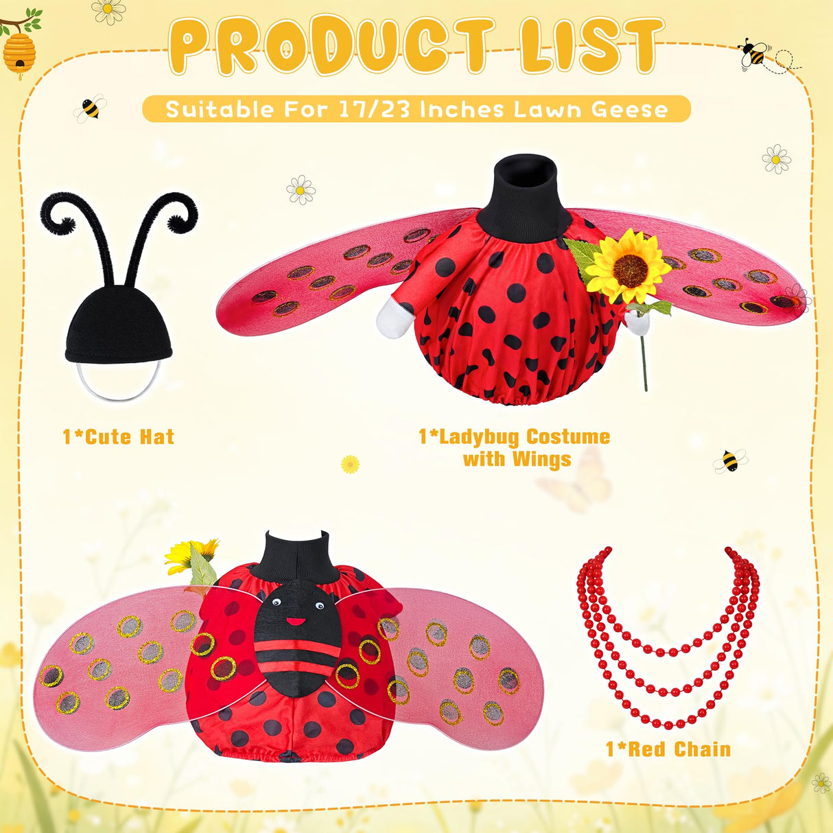 Ueyben Bee Ladybug Porch Goose Outfit, Spring Summer Goose Outfit with Wings Summer Gooses Costume for 23" Lawn Cement Plastic Geese Statue for Garden Yard Decor (Ladybug)