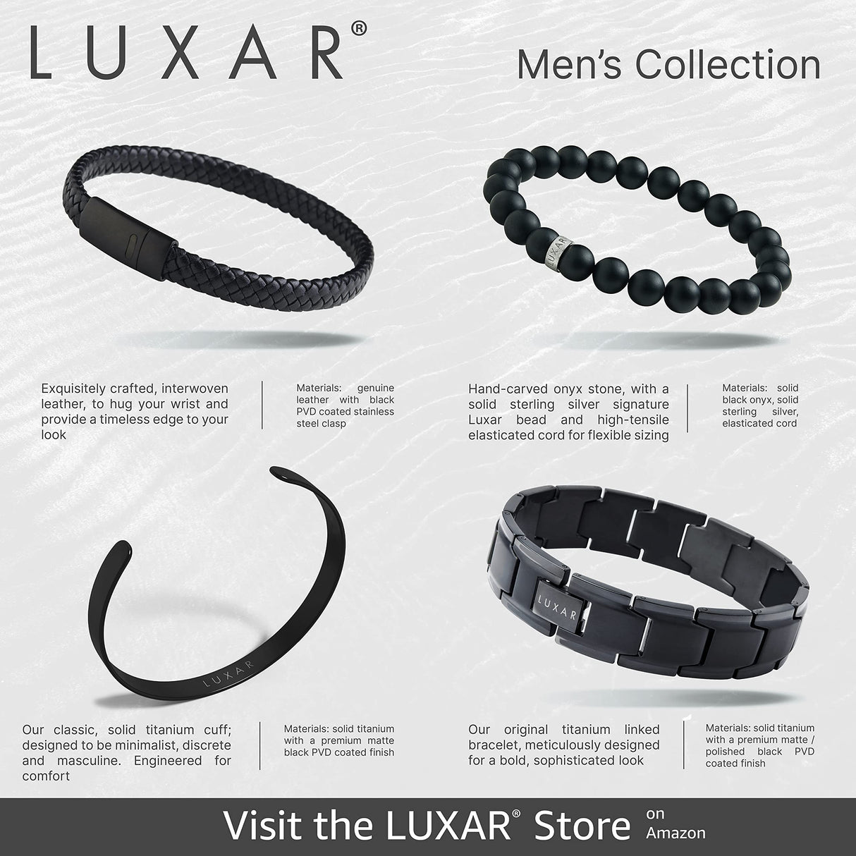 LUXAR Men’s Black Onyx Stone Bead Bracelets | Matte Black 8mm Stone | Minimalist, Designer Jewelry for Men (Black Leather, Medium)