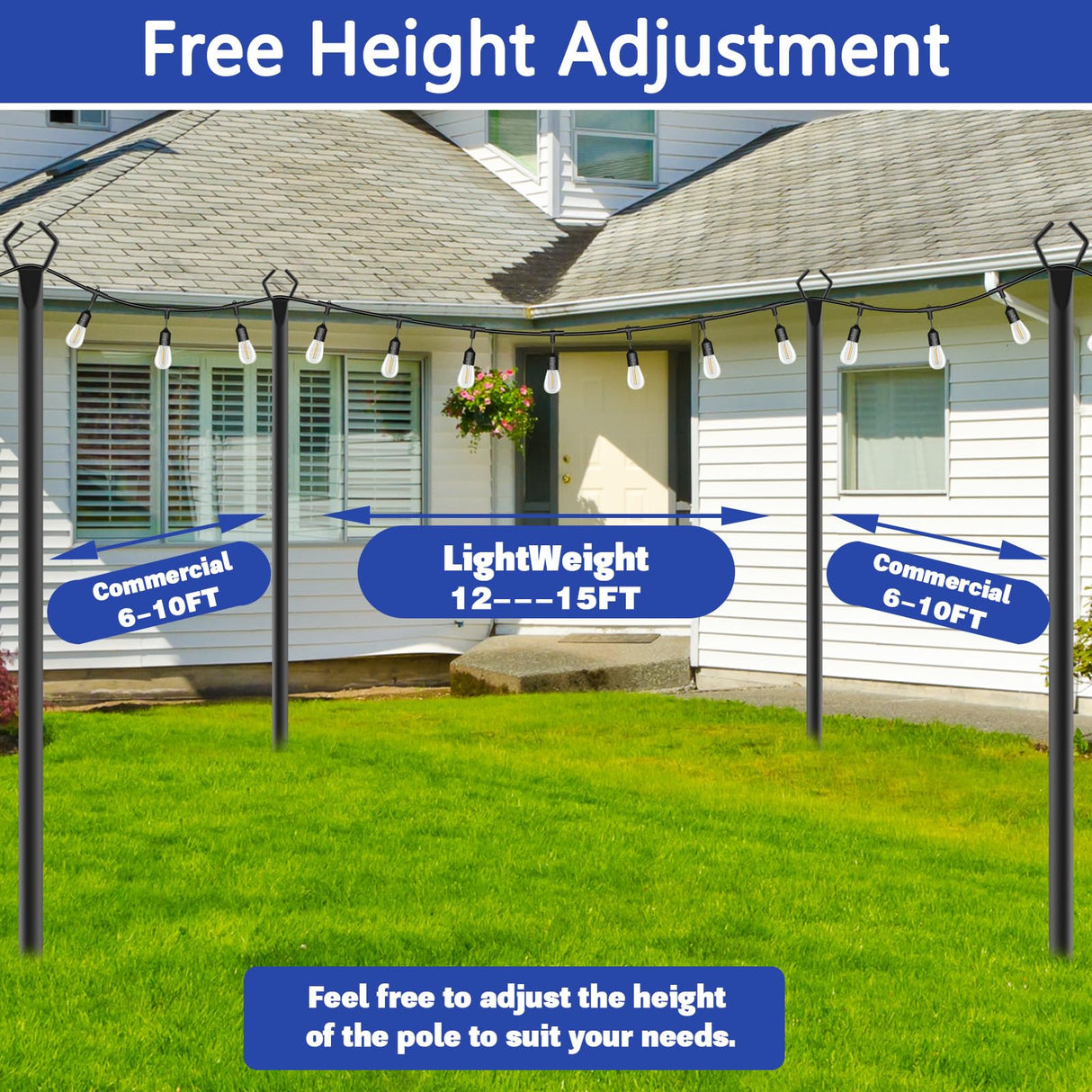 NSHWFW 6 Pack 10 ft Heavy Duty Metal String Light Poles Adjustable Outdoor Lighting Stand for Patio,Backyard,Garden,Party & Wedding Rustproof & Sturdy with Hooks