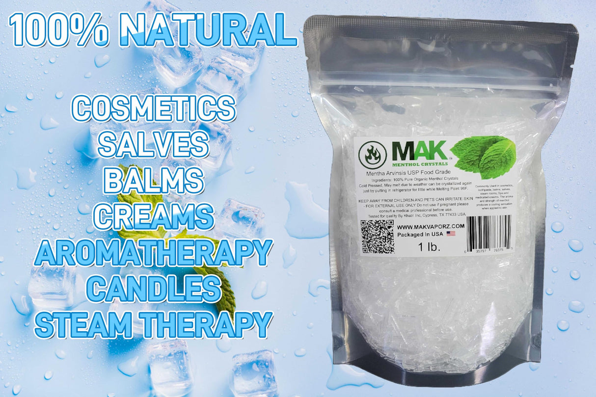 Mak Menthol Crystal 1 LB - Pure Organic 100% Natural - Menthol Crystals from Mint Crystal Mints Mentha Arvensis - Comes in Resealable Standup Bag for Long-Lasting Freshness