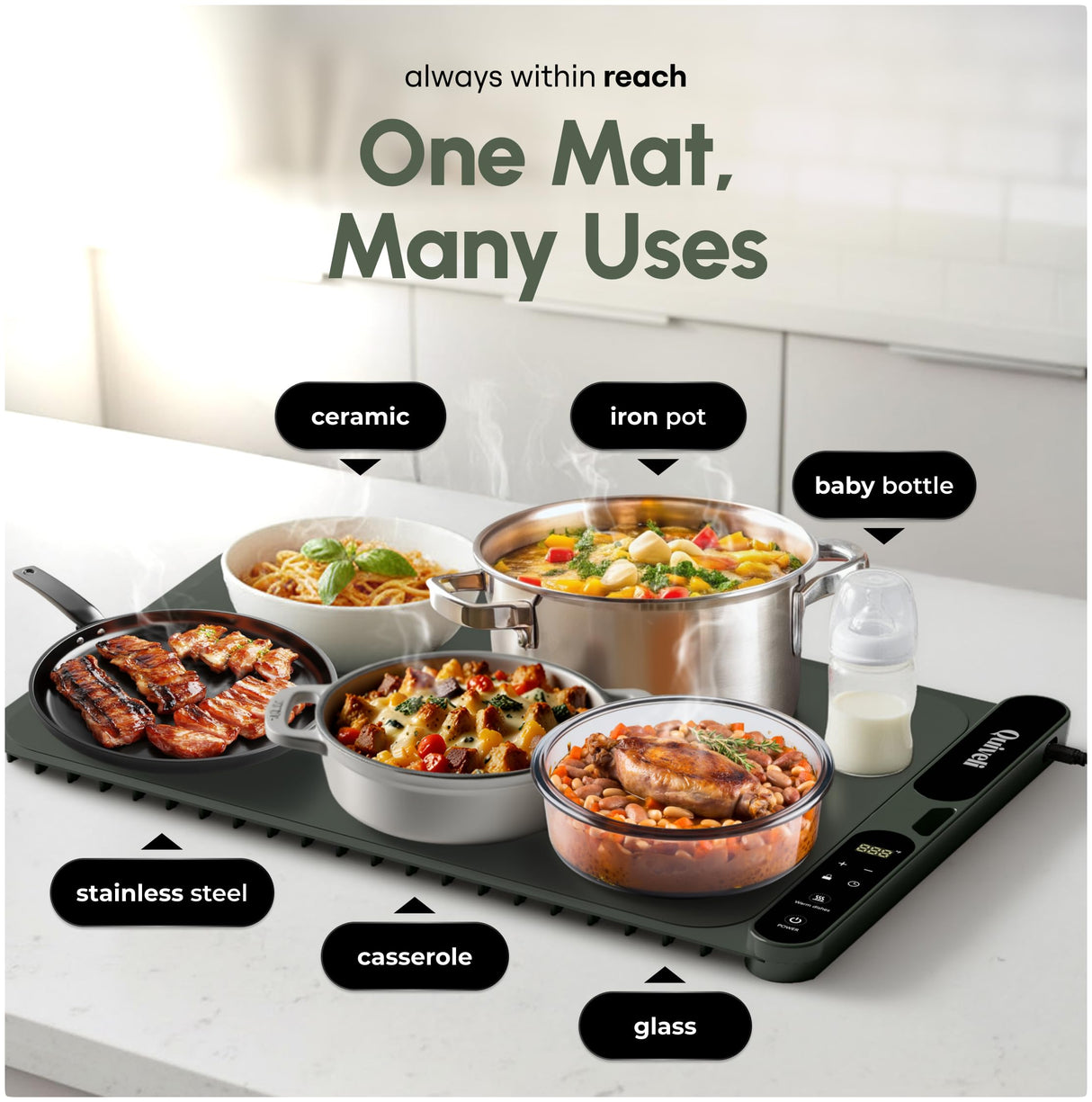Quiveli Electric Food Warming Mat for Buffet - 24"x15" with Child Lock, Timer, 3 Preset Temp - Fast & Even Heating Foldable Warming Mats for Food Dishes - Food Heating Pad for Kitchen Counter
