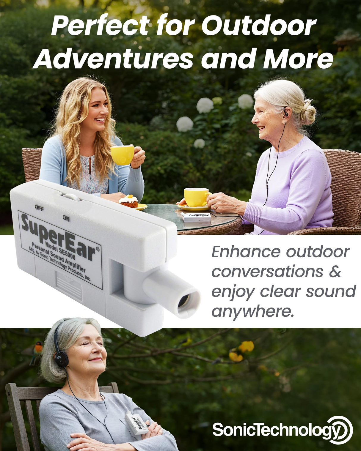 SuperEar Personal Sound Amplifier Model SE5000 (PSAP), 50dB Gain, Hand Held Pocket Size Audio Amplifier with Headphones, EarBuds, Tactile On/Off Volume Control for Adults, Audiologists, and Seniors