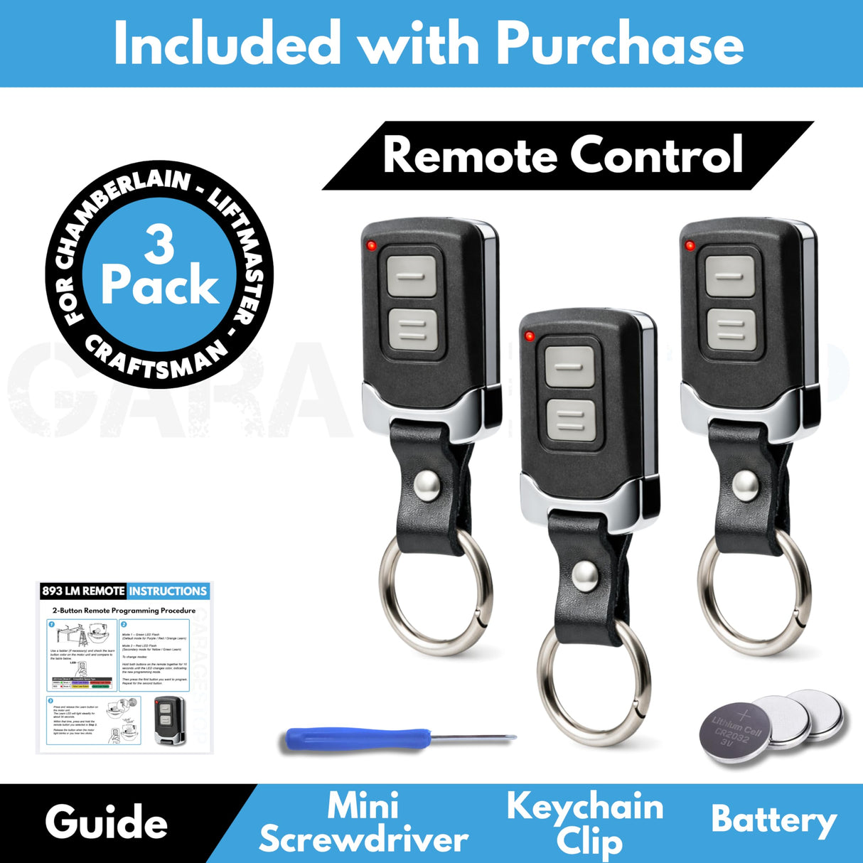 3X Mini for LiftMaster Chamberlain Craftsman Garage Door Opener Remote, 893LM 893Max 891LM 371LM 373LM 971LM 973LM, 2-Button Keychain Extra Long-Range