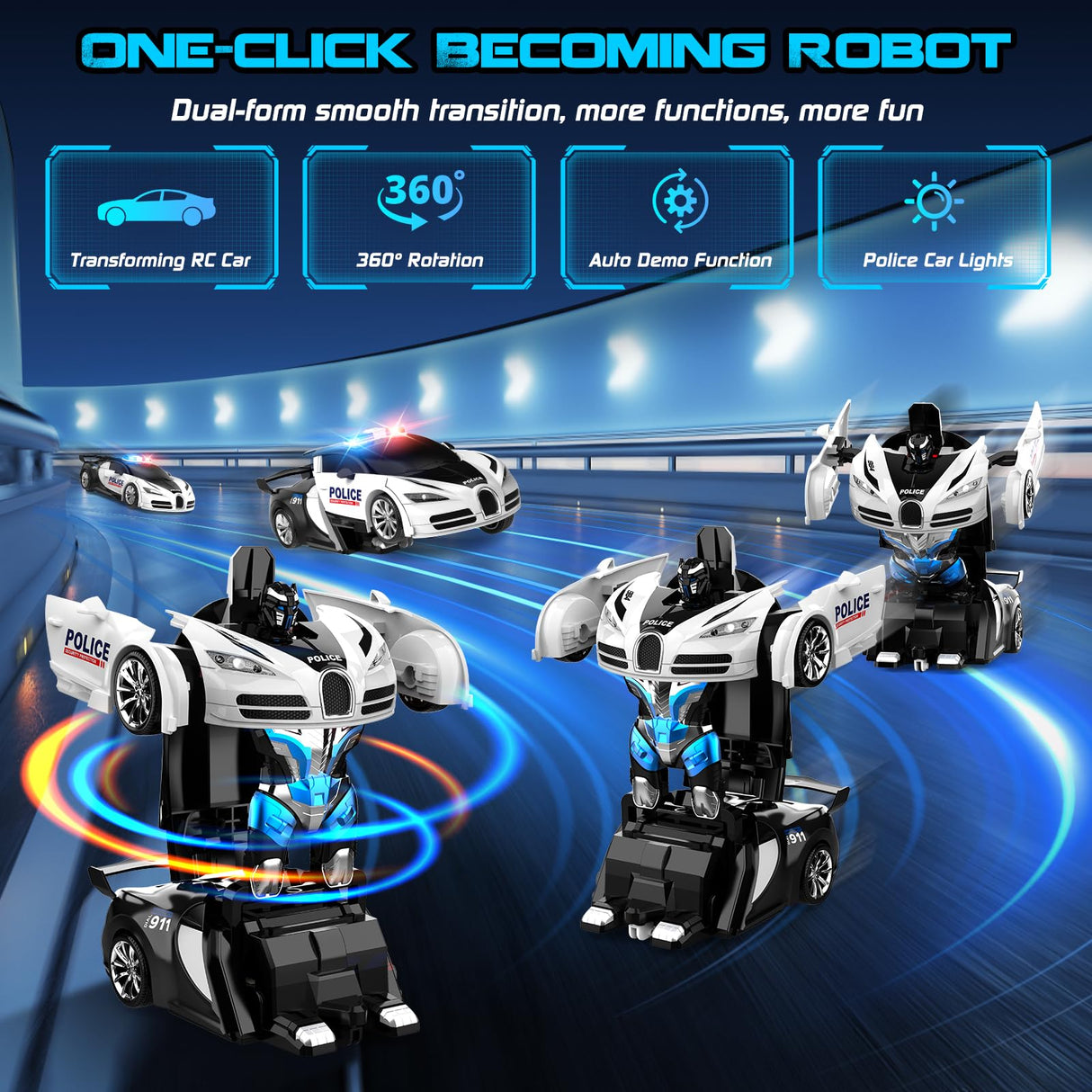 AONEPTR Remote Control Car, One-Click Becoming Robot Transforming Toys Car for Boys, Smooth Deformation, Demo Mode, 360° Rotation, Easy to Use, 2.4GHZ, LED Light, RC Cars for Christmas, Kids, White