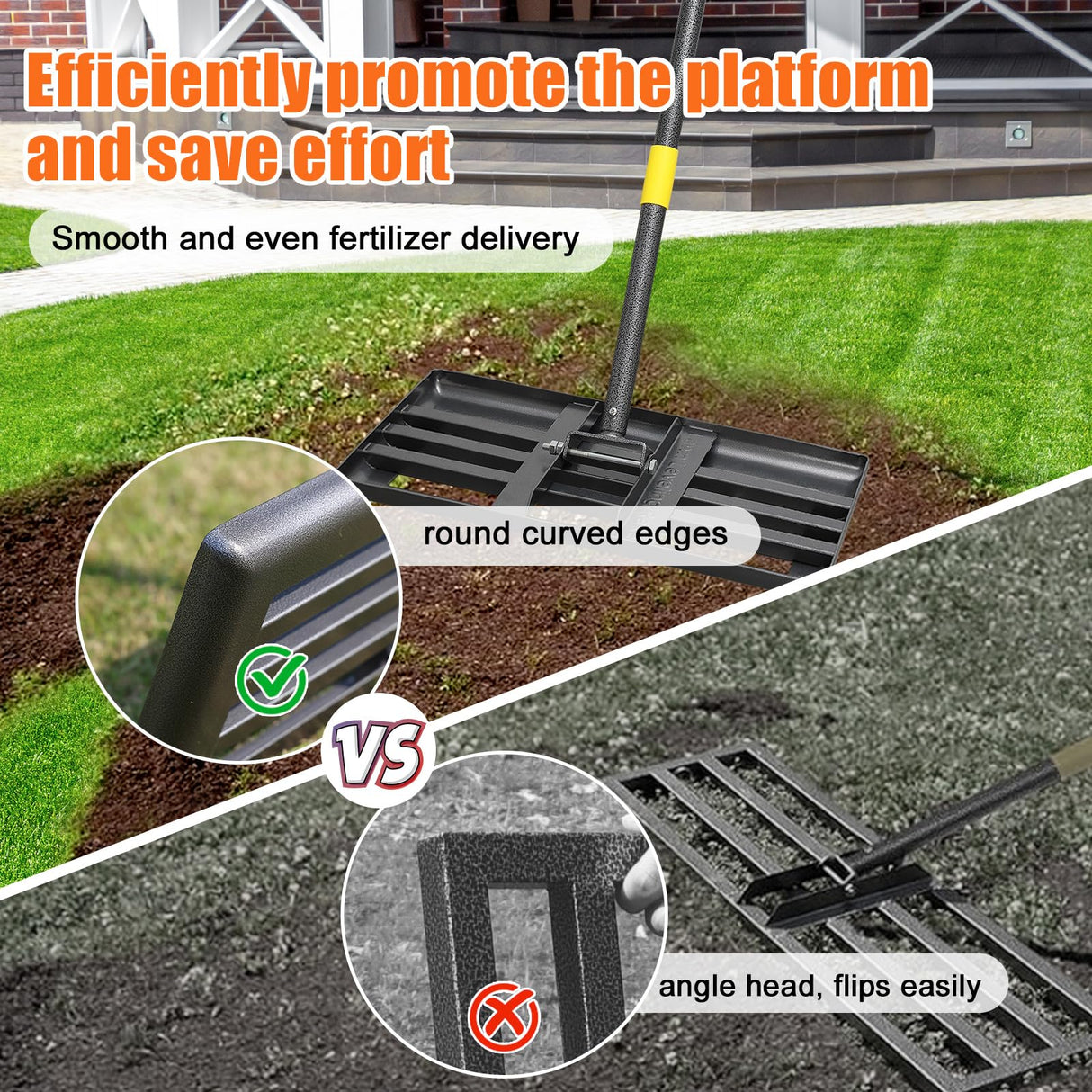 Lawn Leveling Rake, 60 Inch Adjustable Long Handle Leveling Rake, Black Heavy Duty & 1 Inch Diameter Stainless Steel Handle Lawn Rakes, Lawn Leveler Tool for Soil Grass Golf Field Yard