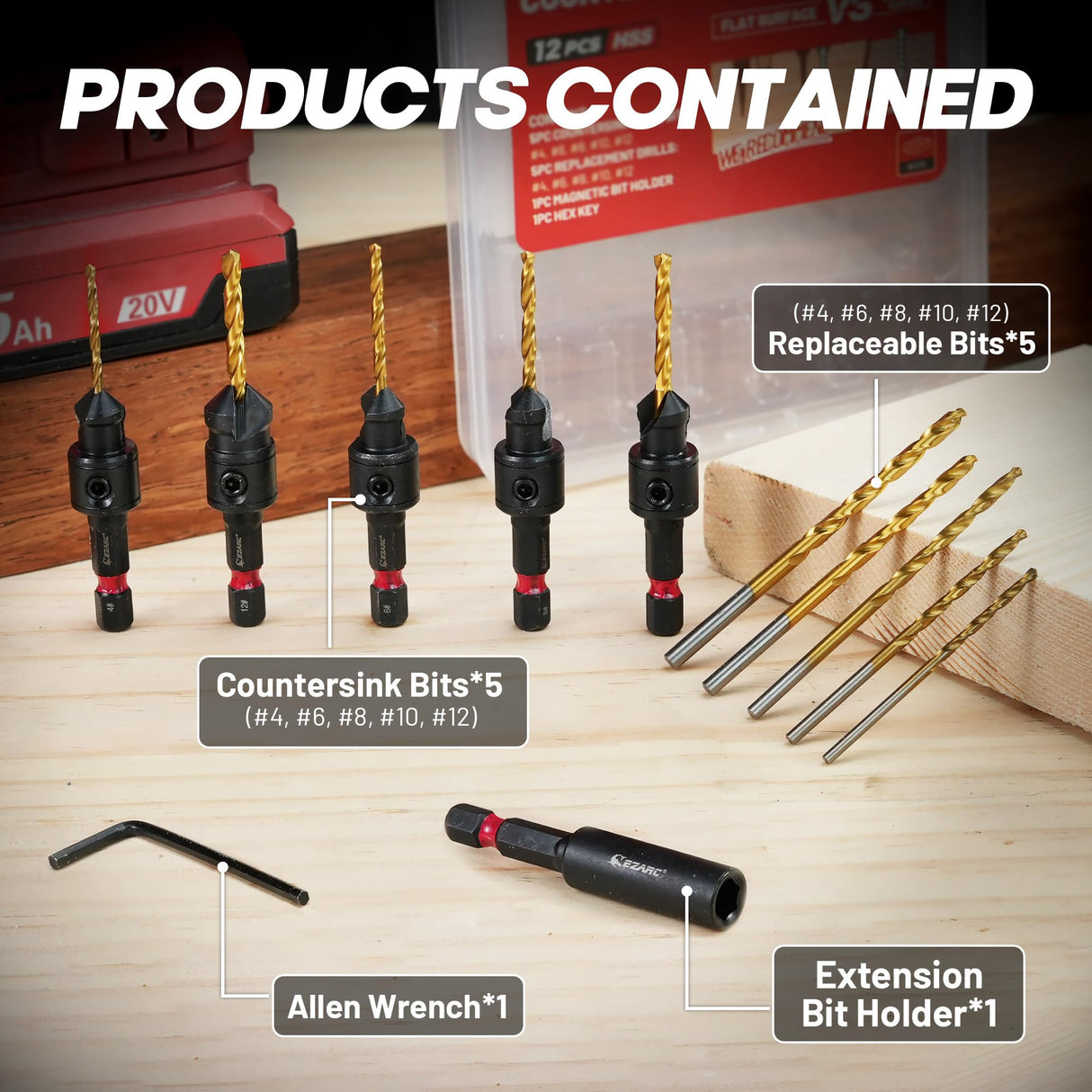 EZARC Countersink Drill Bit Set, 12 PCS Counter Sink Drill Bit Adjustable, #4, #6, #8, #10, #12, Magnetic Extension bit Holder for Woodworking with Storage Box