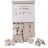 Happy Lolli Power Shower Gift Set: Luxury Bath Accessories Basket for Women & Teen Girls – Includes Body & Hair Towel, Wrist Bands, Headband, Face Sponge & More – Empower Your Routine (Fresh in Beige)