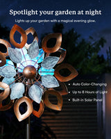 Cyan Oasis Copper Wind Spinners Outdoor 74 Inches with Solar LED Light, Kinetic Dual Wind Sculptures & Spinners for Yard Lawn Garden Decor, Large Metal Clearance Windmill with Bronze Leaf