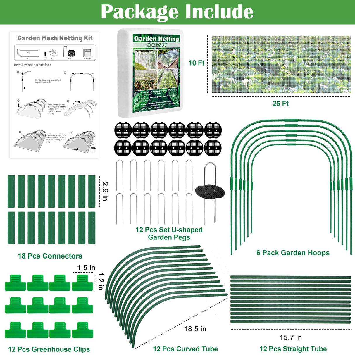 Unves 67 Pcs Garden Netting Kit, 10x25 Ft Ultra Mosquito Bird Netting with 6 Hoops & 12 Clips, Fruit Tree Netting for Patio Raised Beds Vegetable Flowers Protection Barrier