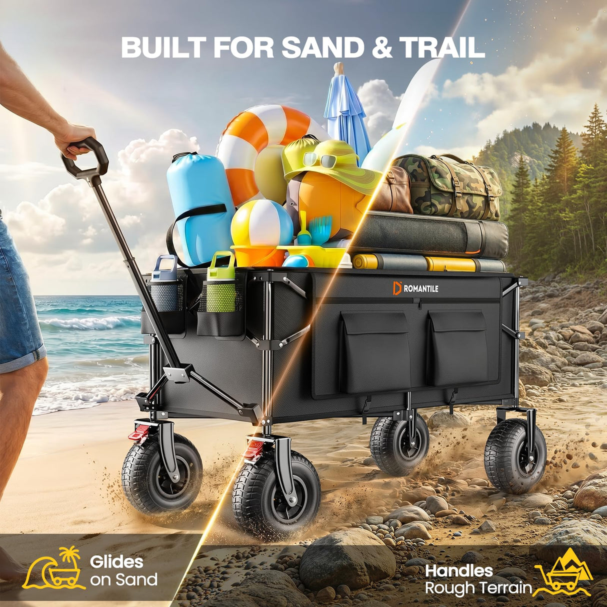 All-Terrain Beach Wagon with 9x3.5IN Big Inflatable Rubber Wheels for Sand, 240L Collapsible Wagon Cart, 450lbs Heavy Duty, Quiet Smooth Ride, Puncture-Resistant Tires, Side Pockets, Black