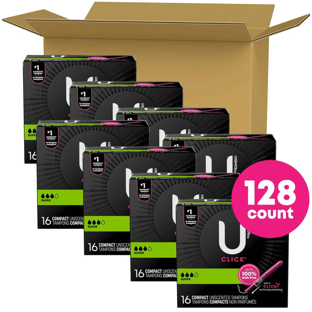 U by Kotex Click Compact Tampons, Super Absorbency, Unscented, 128 Count (8 Packs of 16) (Packaging May Vary)