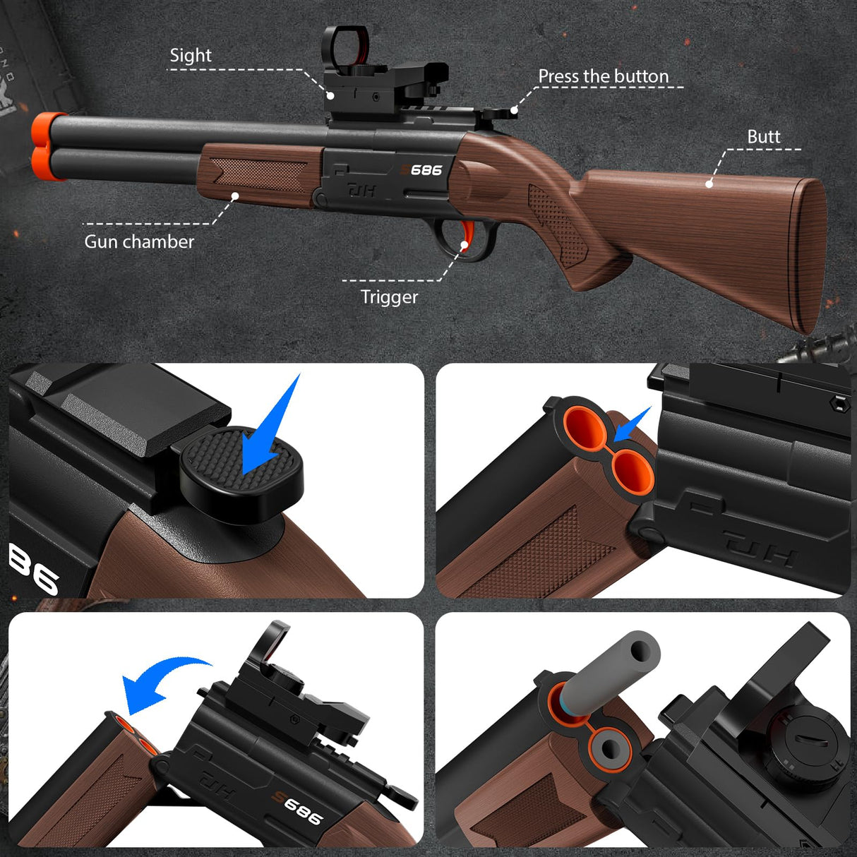 Double Barrel Toy Shotgun - Realistic Foam Blaster with Scope & Soft Bullet Darts, Safe Imitation Shooting Game for Kids Ages 8-12 -Birthday Christmas (Black)