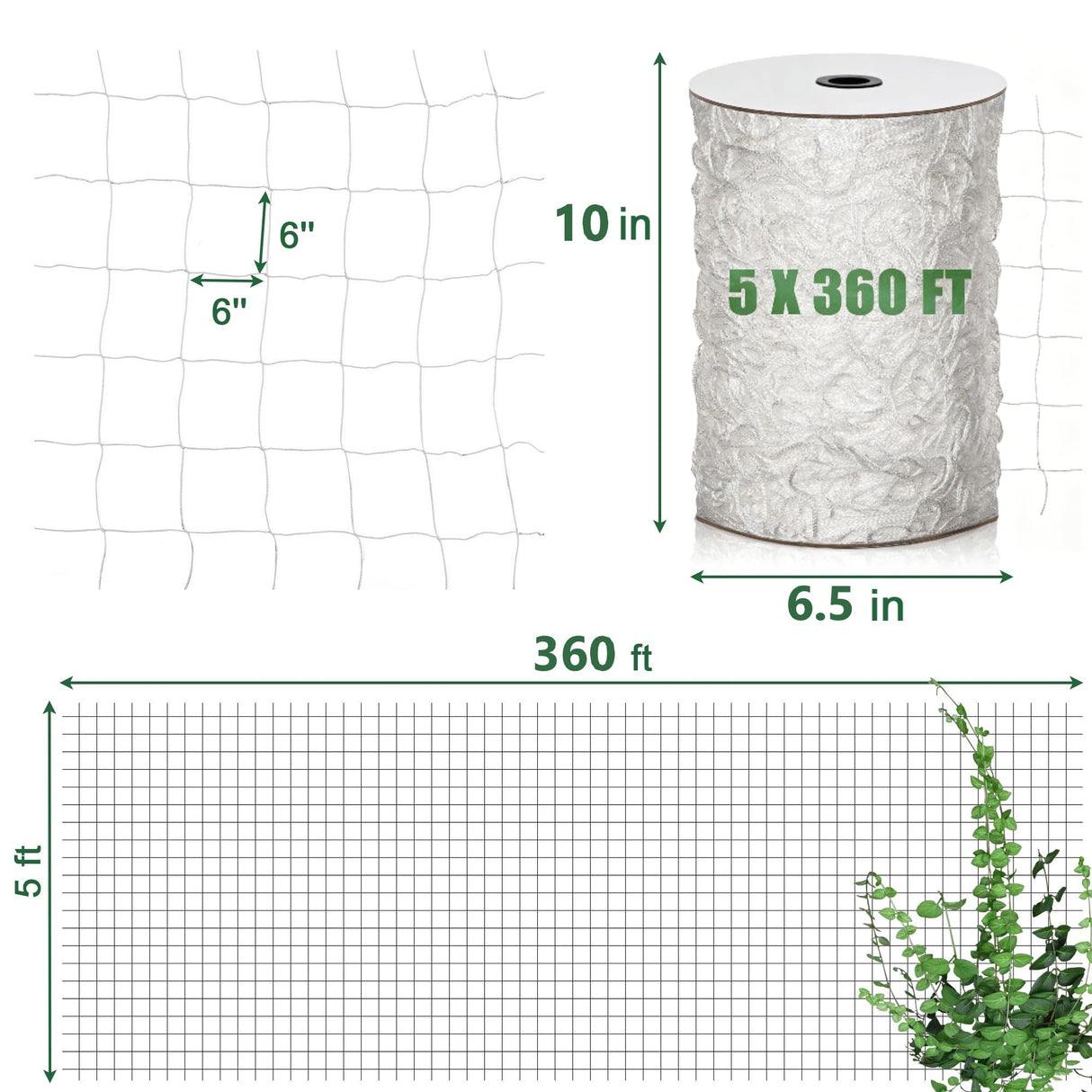 Nylon Trellis Netting Roll 5 x 360 ft, Oltara Heavy Duty Garden Netting with 6 Inch Soft Mesh, Plant Support Mesh for Climbing Plants, Vegetables, Fruits, Cucumbers, Peas, Tomatoes
