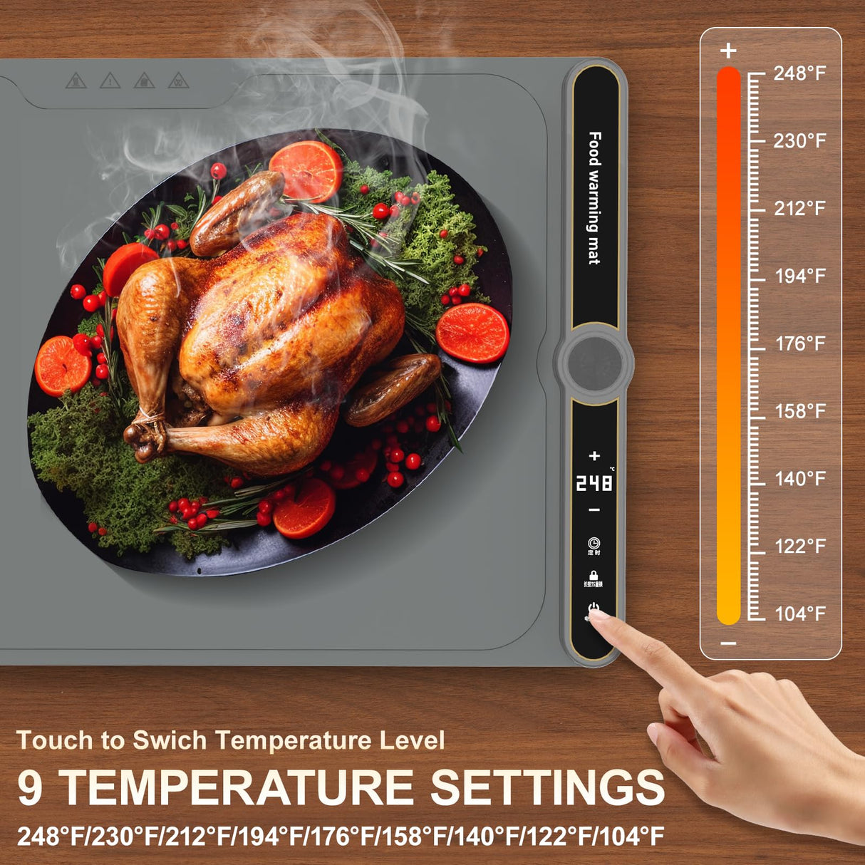 Extra Large Warming Mat for Food XXL:40”X15” Soft Electronic Food Warmers for Parties Buffet Silicone Food Warming Mat 6-Level Timer 9-Level Temp Control 18H Auto-Off 8S Fast Heating Grey