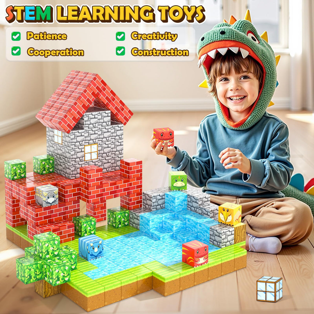 100PCS Magnetic Blocks - Build Mine Magnet World Forest Dinosaur Edition, Sensory STEM Construction Building Toys Kids Games for Toddler Christmas Birthday Gifts for 3 4 5 6 7 8 Years Old Girls & Boys