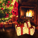 Set of 3 Christmas Lighted Gift Boxes, Pre-lit 60LED Light Up Present Boxes Ornament Outdoor, Boxes with Gold Snowflake, Battery Operated Christmas Decorations for Indoor Home, Party, Lawn Decor