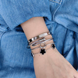 MAOCEN Womens 4Pcs Stackable Floral Gold Bracelets Stainless Steel Bangle Bracelets Non Tarnish Silver Set Trendy Jewelry Gifts for Womens (Silver and Black, Medium 6.5in)