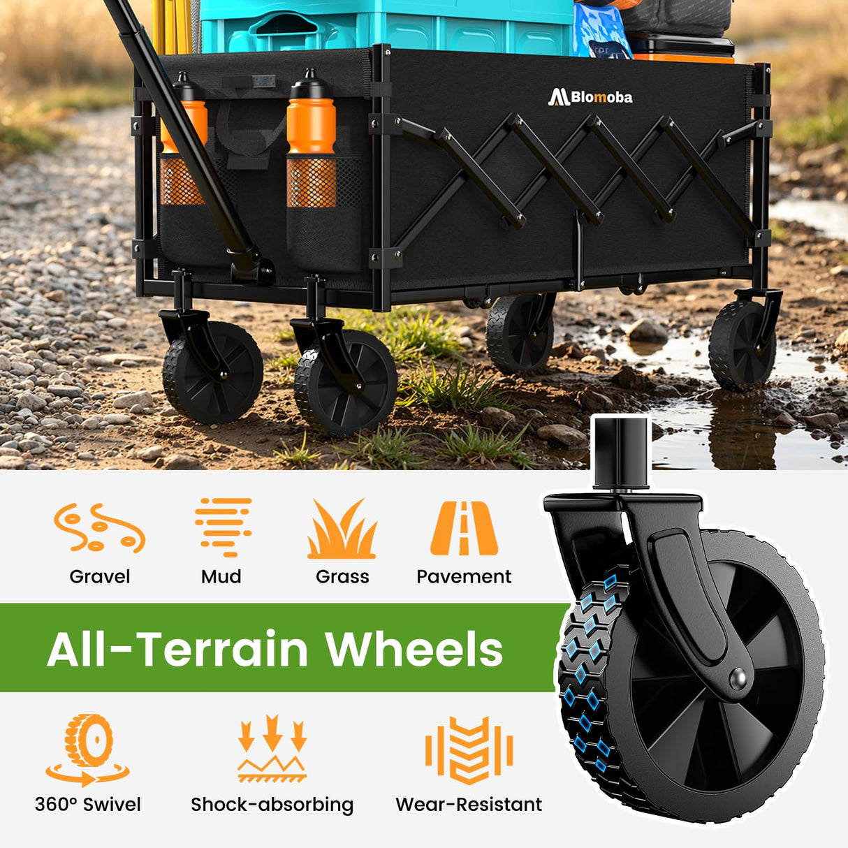 Blomoba 35" Extra Long Folding Wagon with Adjustable Handle & Wheels, Black