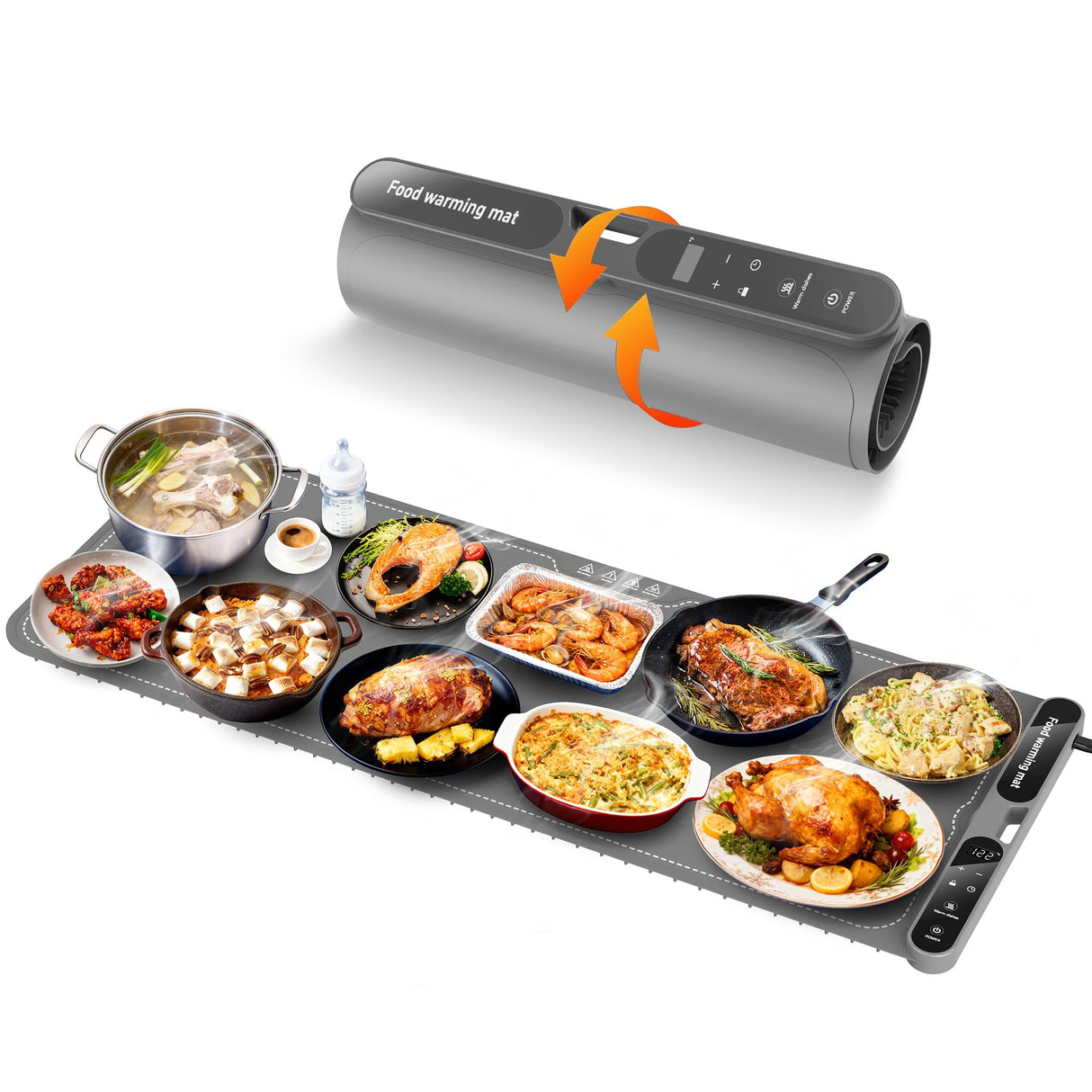 FZF Warming Mat for Food, 40"x15" Extra Large Electric Food Warming Mat, 7 Temp Level and 8 Timer Setting, Rollable Silicone Food Warmer for Buffet, Party, Gatherings (Grey)