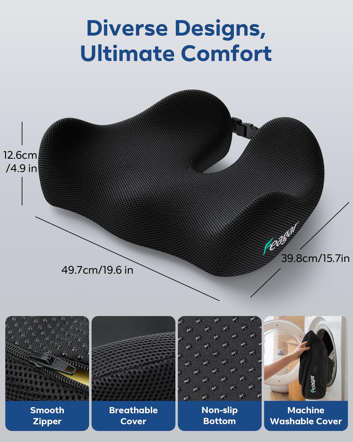 Feagar Large Ergonomic Seat Cushion - Thick Full Wrap Memory Foam Office Chair Cushion for Tailbone Pain Relief, Coccyx Cushion with Non-Slip Pad for Desk Chair, Wheelchair, Car Seat Long Sitting