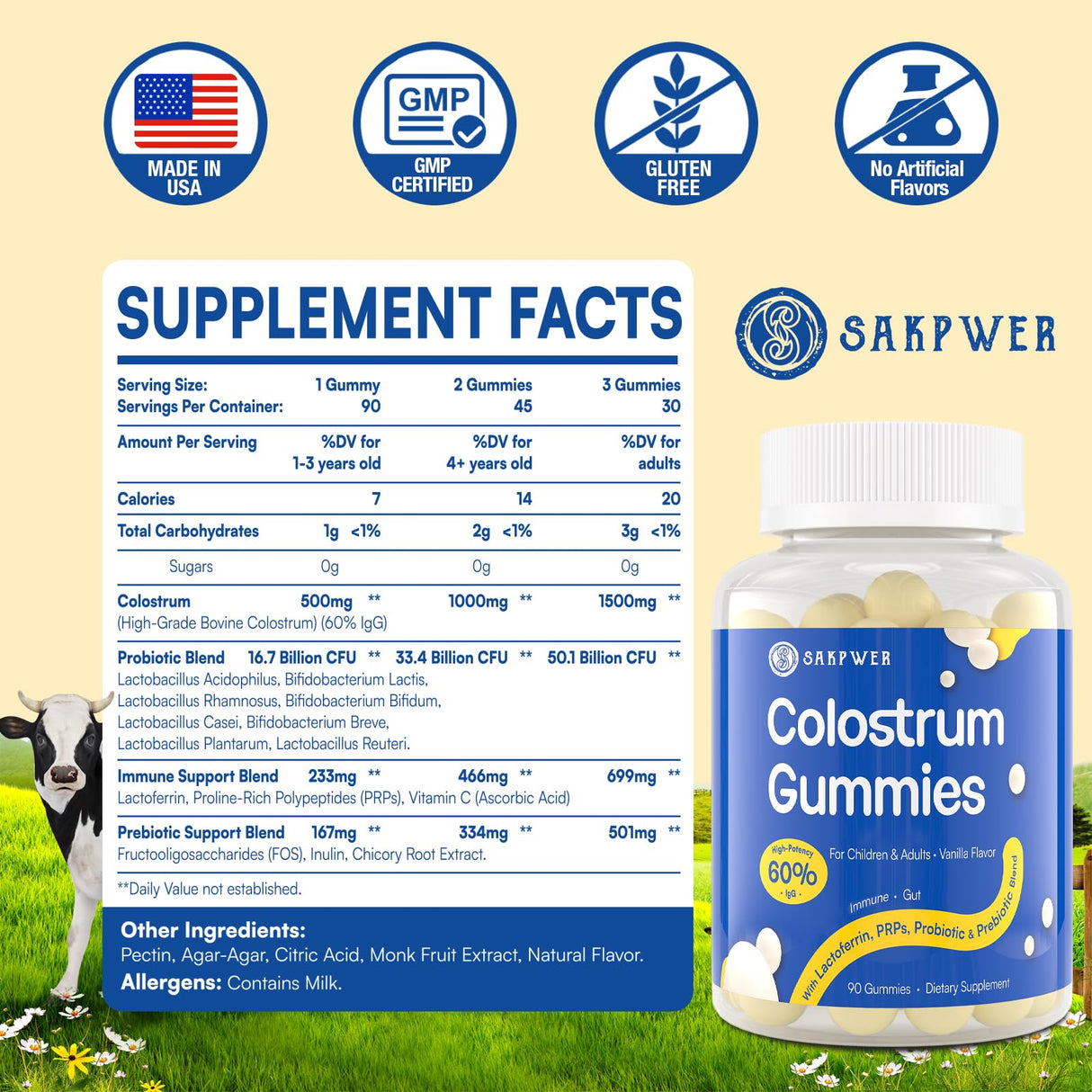 Bovine Colostrum Supplement Gummies - with 60% Highest IgG, Lactoferrin, Probiotics and Prebiotics for Adults and Kids, Vanilla Flavor & Sugar Free, 2 Pack